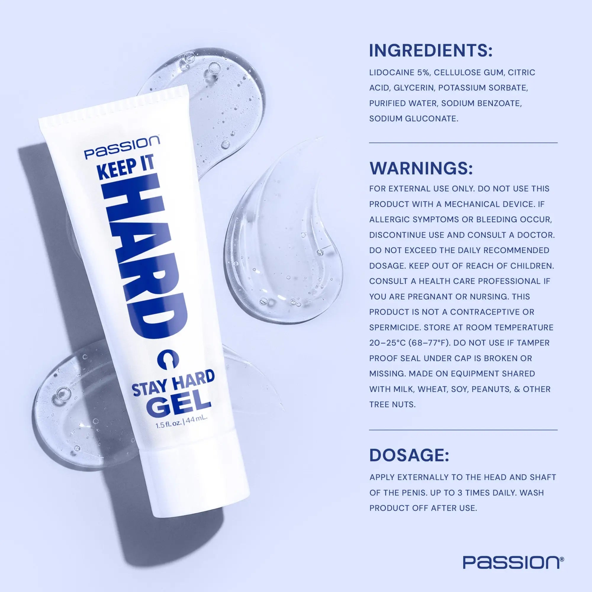 Passion 1.5oz Keep It Hard Stay Hard Gel in a white tube with blue text, shown next to gel swatches and product info.