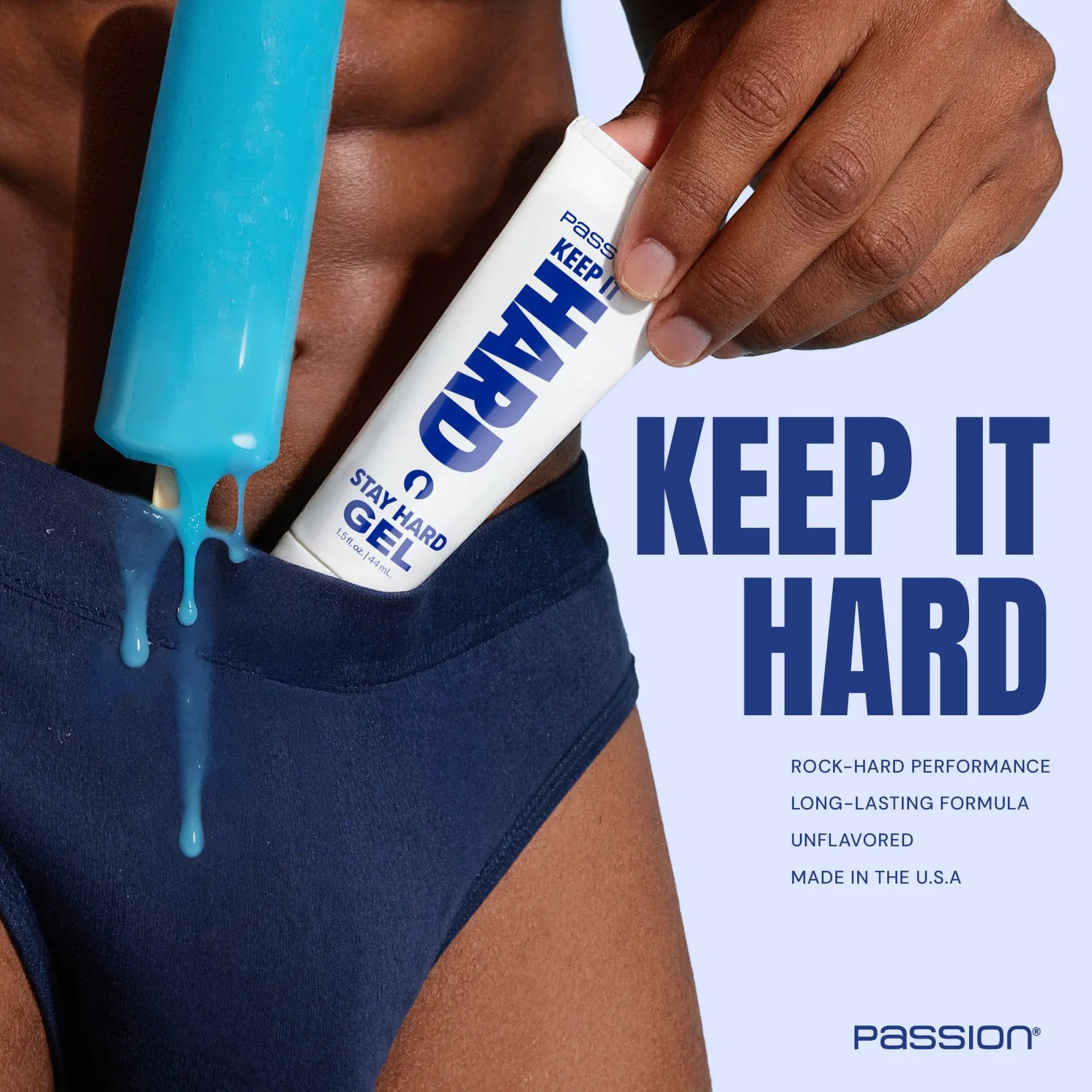Passion 1.5oz Keep It Hard Gel tube held next to a melting blue popsicle, with text "Keep It Hard" on a light background.
