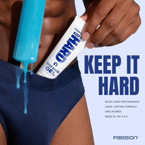 Passion 1.5oz Keep It Hard Gel tube held next to a melting blue popsicle, with text "Keep It Hard" on a light background.