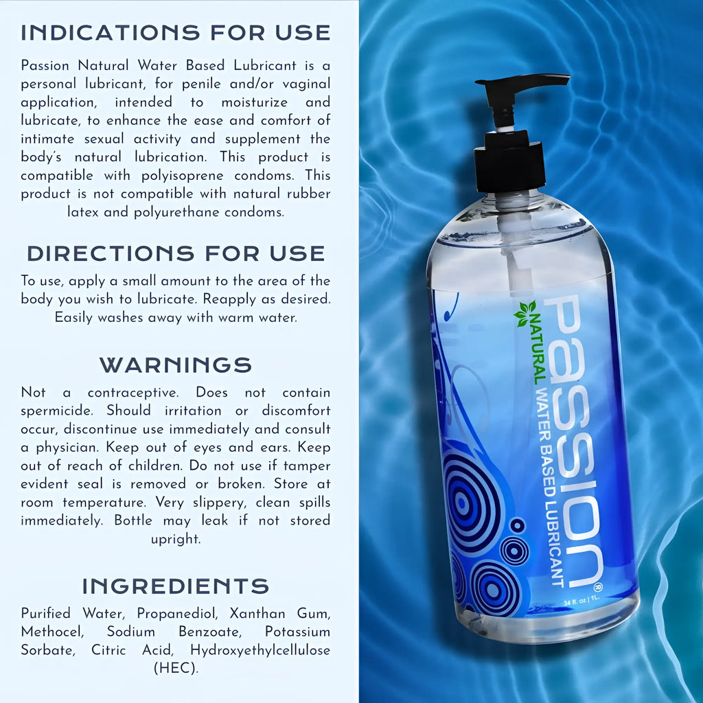 34oz Passion Natural Water-Based Lube in a clear pump bottle with blue graphic label, displayed over rippling water.