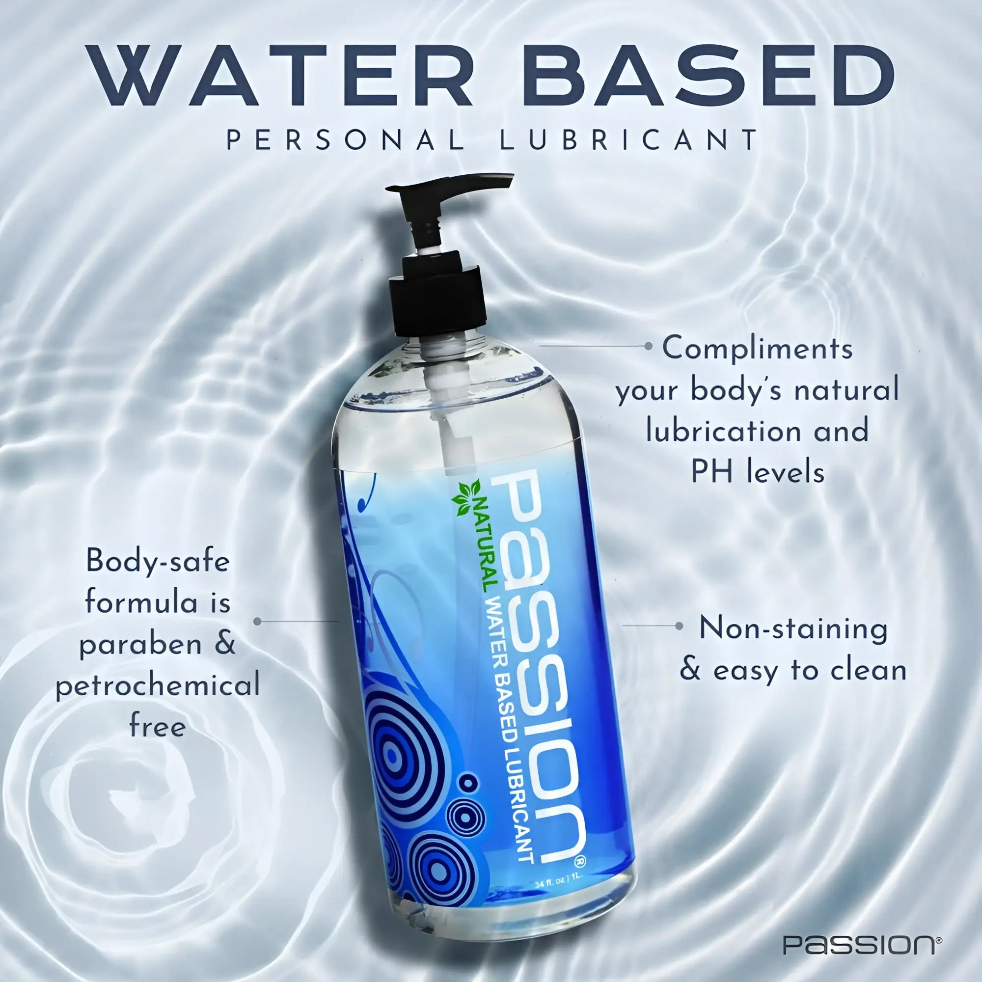 Passion 34oz natural water-based lubricant in a clear pump bottle with blue swirl branding against a water ripple background.