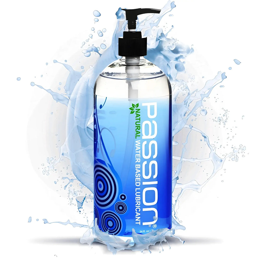 Passion 34oz Natural Water-Based Lube in a clear bottle with a black pump, set against a blue water splash effect.