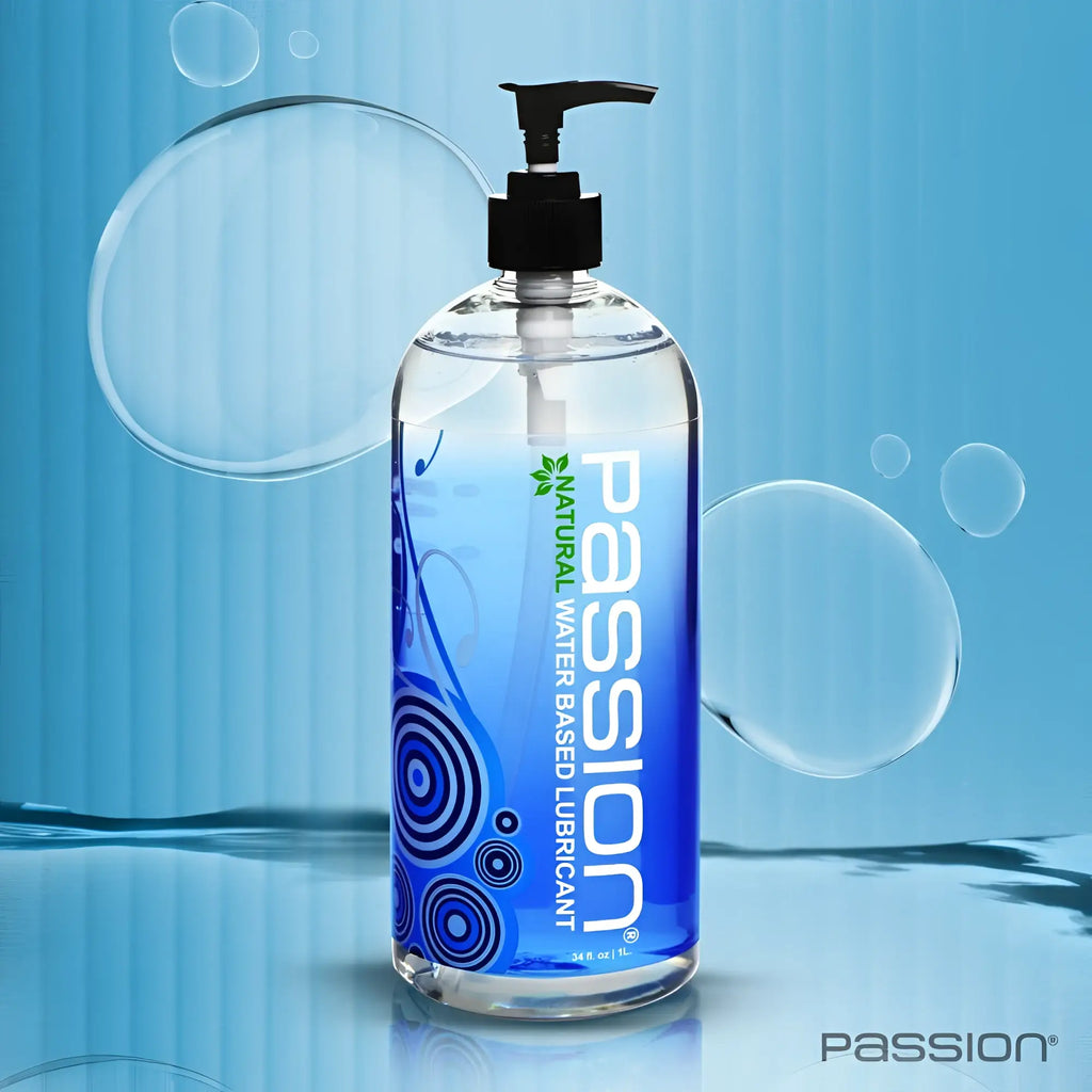 Passion 34oz Natural Water-Based Lube bottle with a black pump, blue circular branding, and floating bubble accents.