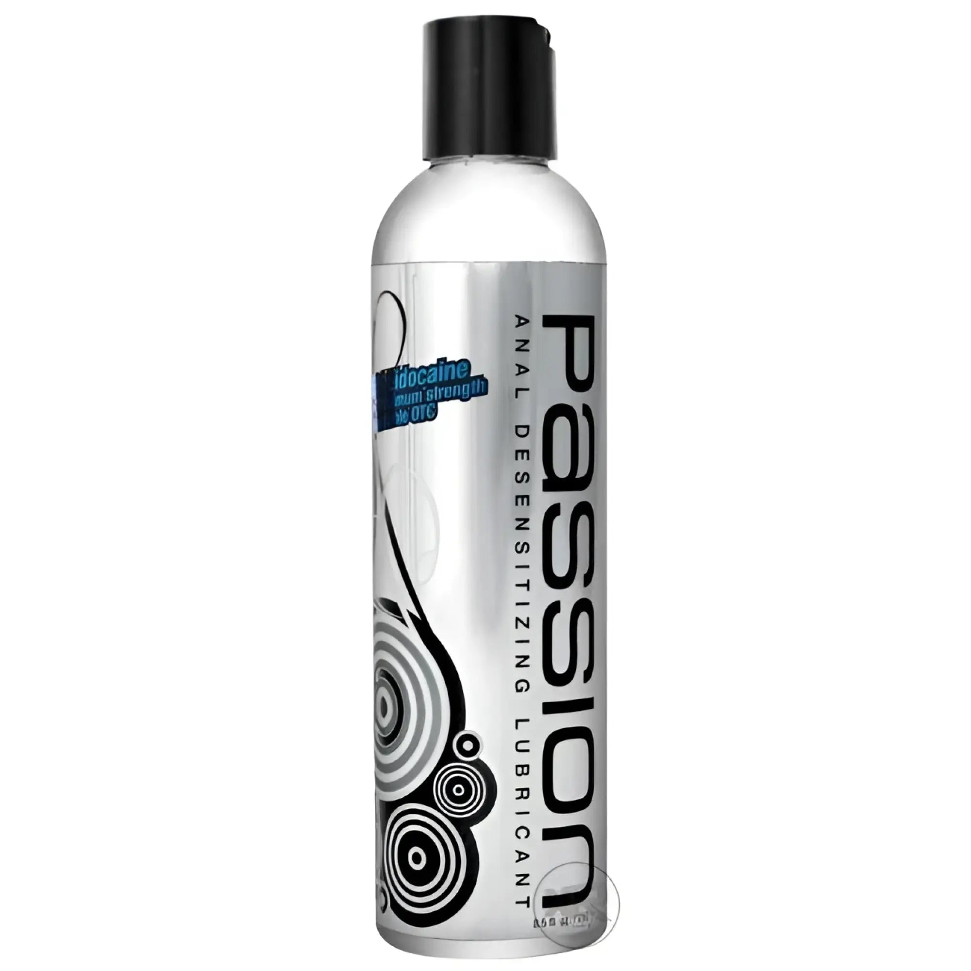 Passion 8.25oz Maximum Strength Desensitizing Lube in a clear bottle with black cap and modern black abstract design.