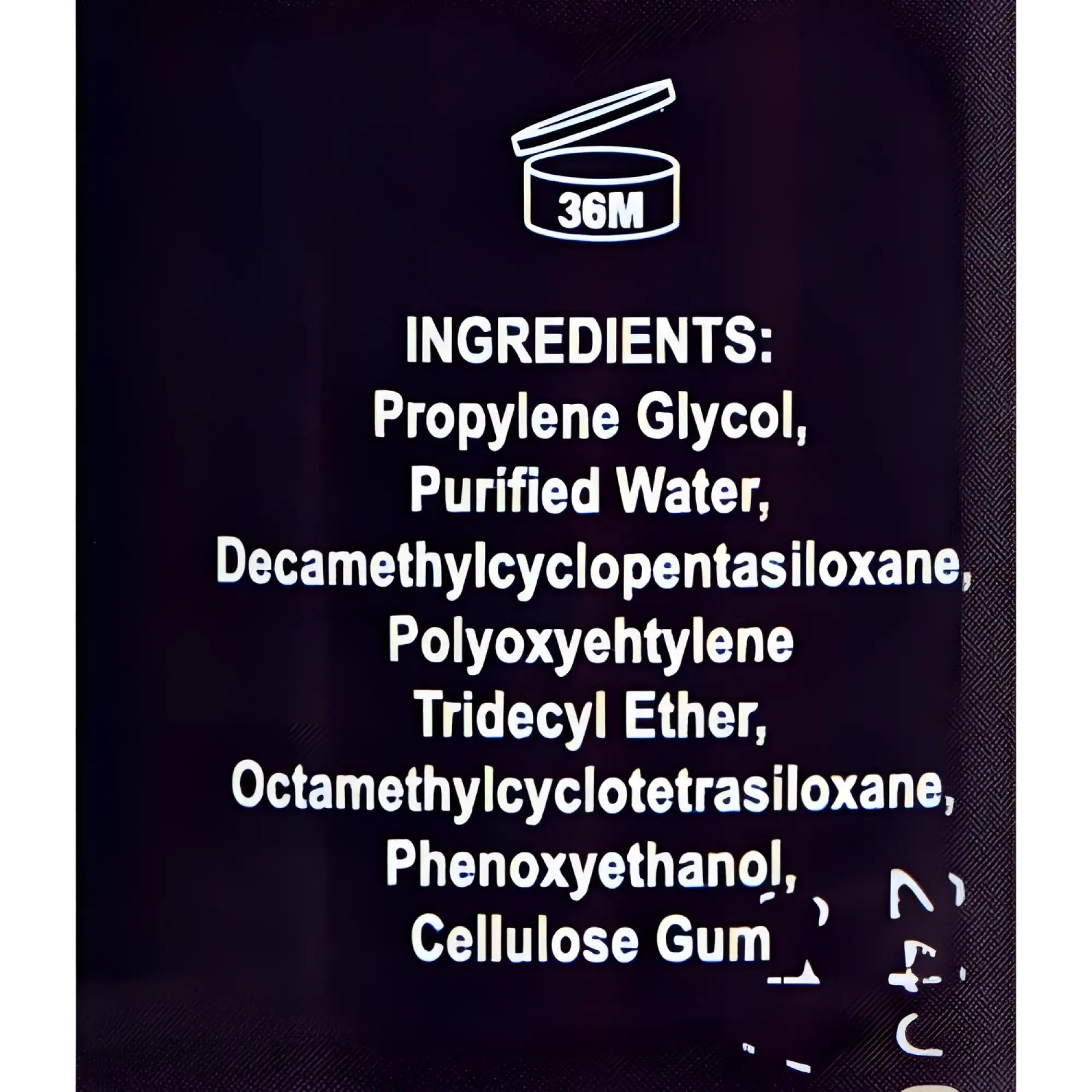 Passion Passion 8oz Hybrid Lube: Close-up of black packaging showing ingredients list and 36M expiration icon.