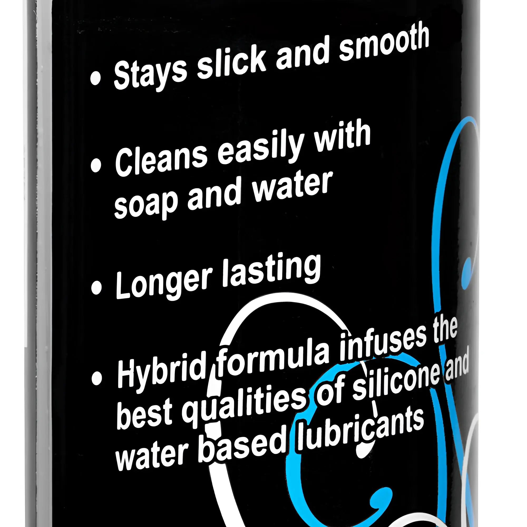 Passion Passion 8oz Hybrid Lube black bottle label featuring white text bullet points on product benefits and blue swirls.