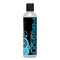 Passion 8oz Hybrid Lube in a clear bottle with a black cap, featuring a black label with blue swirl accents.
