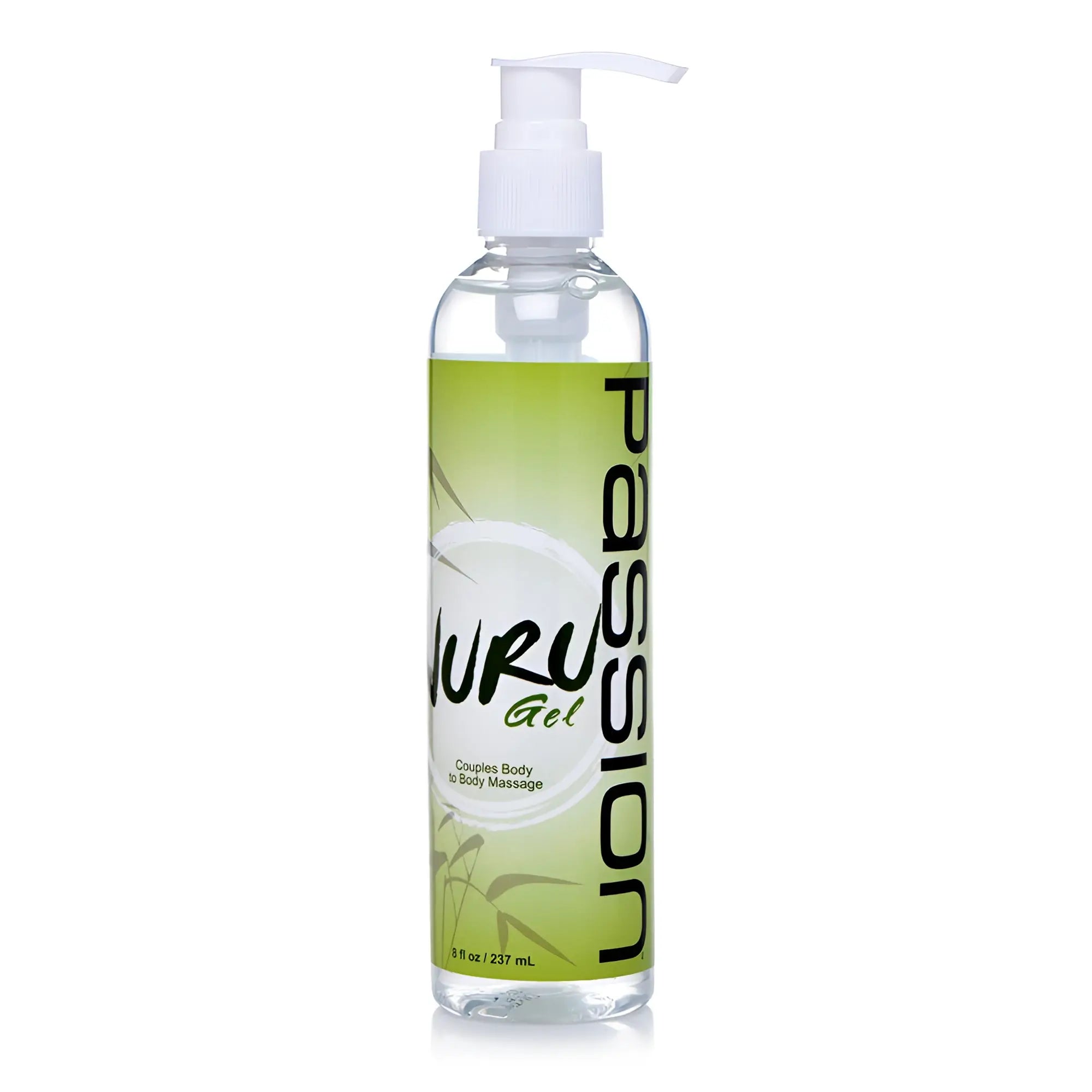 Passion 8oz Nuru massage gel in a clear pump bottle with a lime green label featuring bamboo-style graphics.