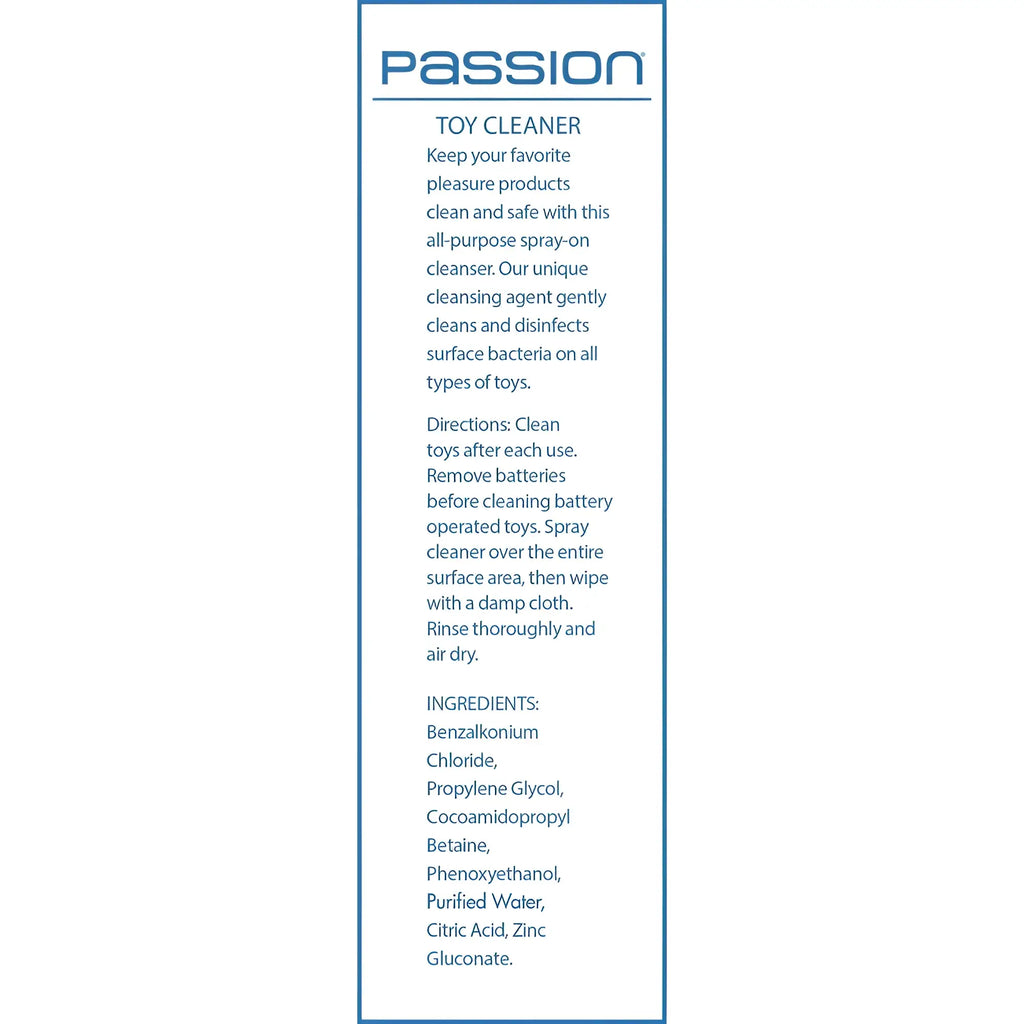 Passion 8oz Toy Cleaner label featuring blue text on a white background with product description and ingredients.