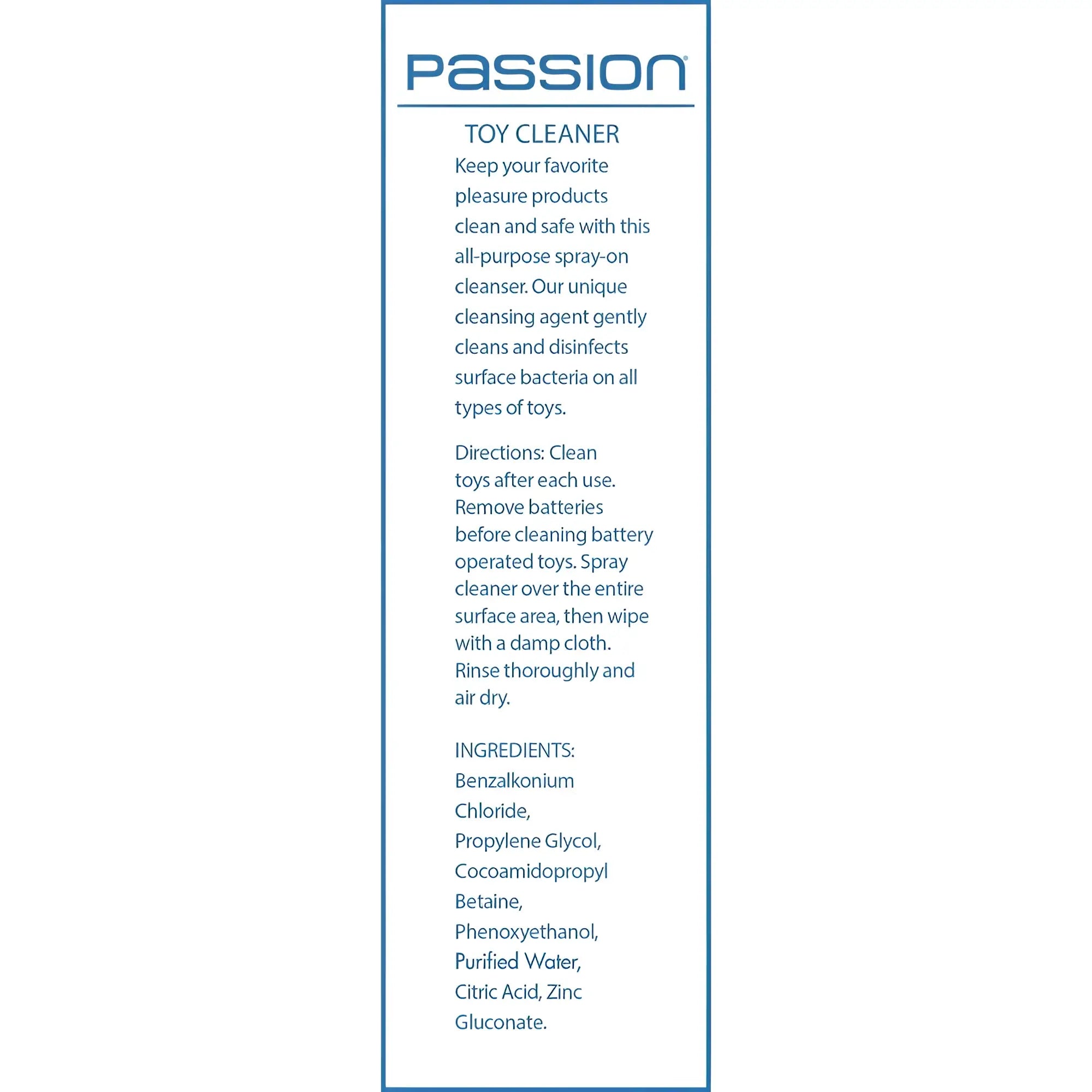 Passion 8oz Toy Cleaner label featuring blue text on a white background with product description and ingredients.