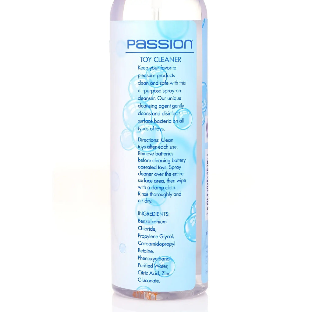 8oz Passion Toy Cleaner bottle with a light blue label featuring bubble graphics and printed product instructions.