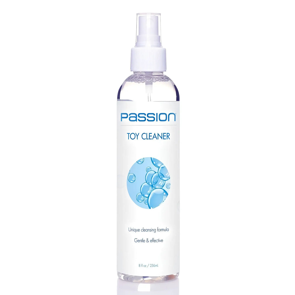 Passion 8oz Toy Cleaner in a clear plastic spray bottle with a white label featuring blue bubble graphics.