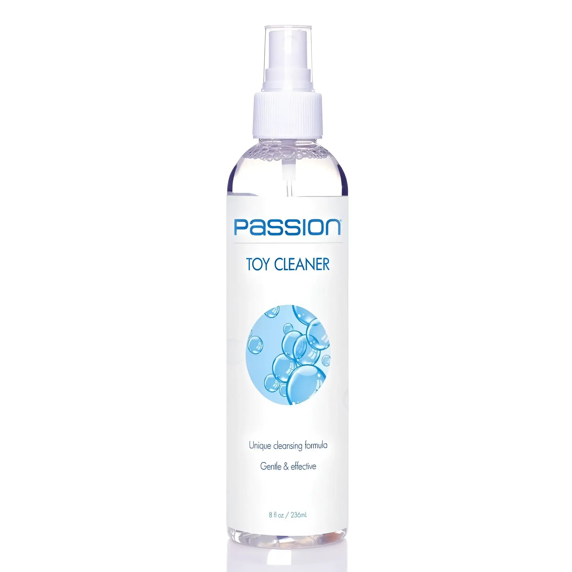 Passion 8oz Toy Cleaner in a clear plastic spray bottle with a white label featuring blue bubble graphics.