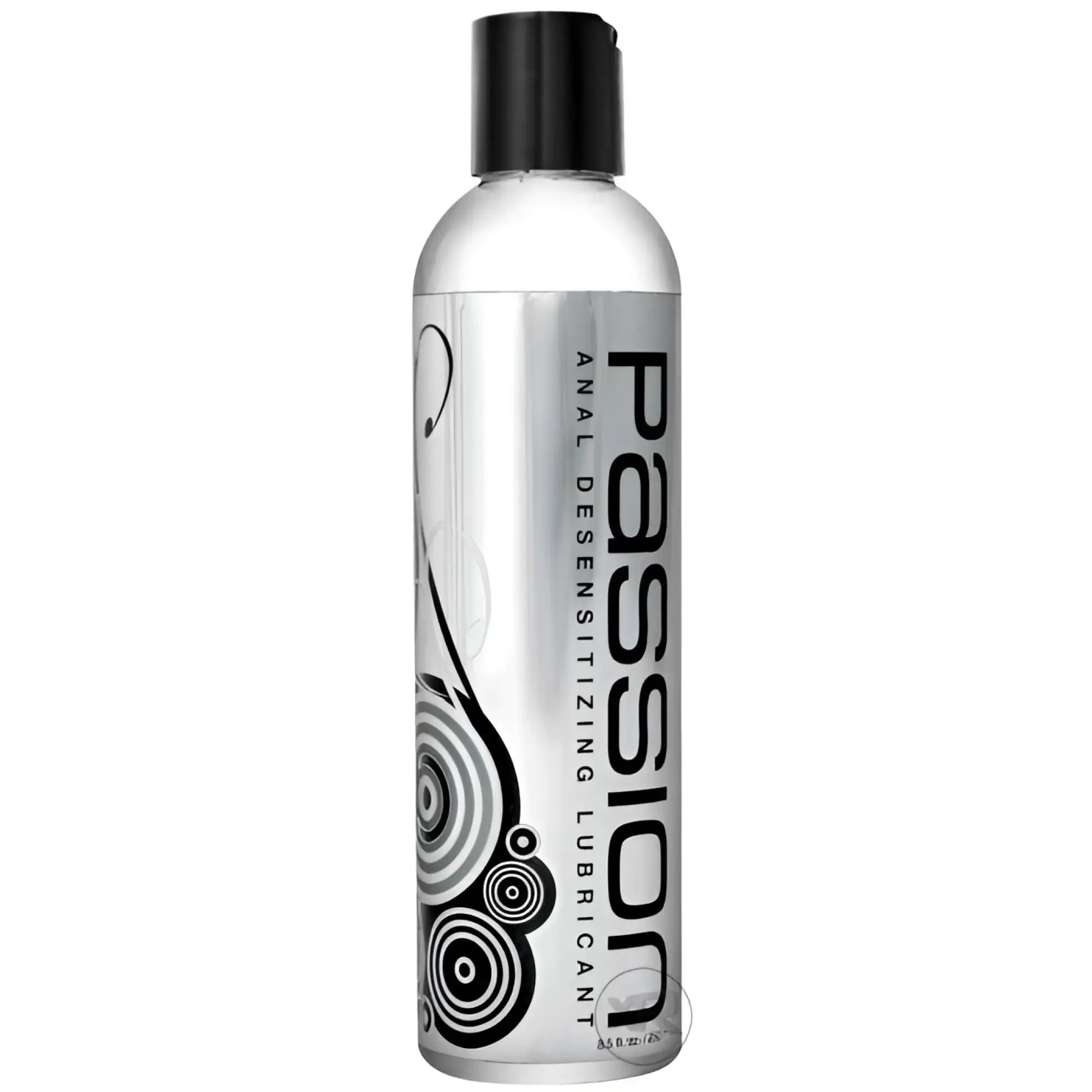 Passion Anal Desensitizing Lube bottle in silver with a black cap, featuring bold black lettering and circular graphics.