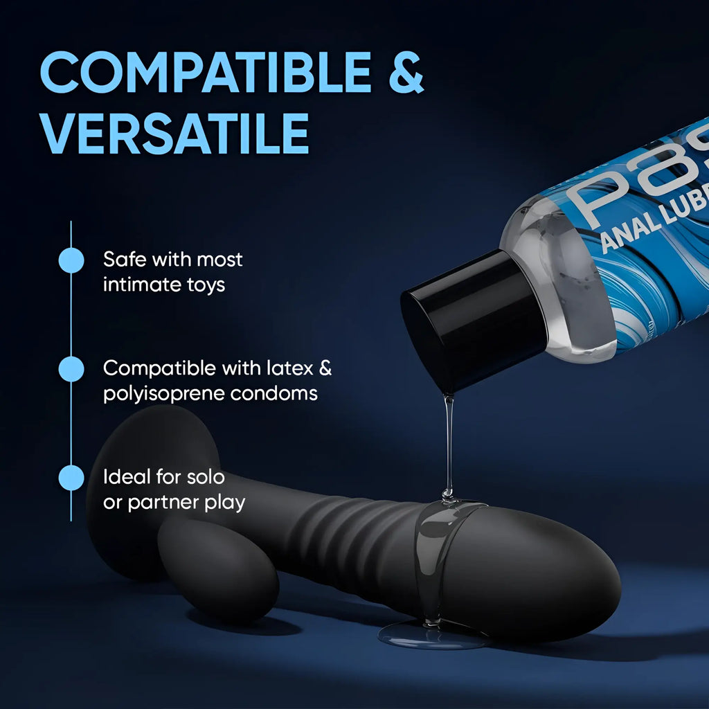 Passion Anal Lubricant 8oz: A bottle dispensing clear lube onto a black silicone sex toy against a dark blue background.