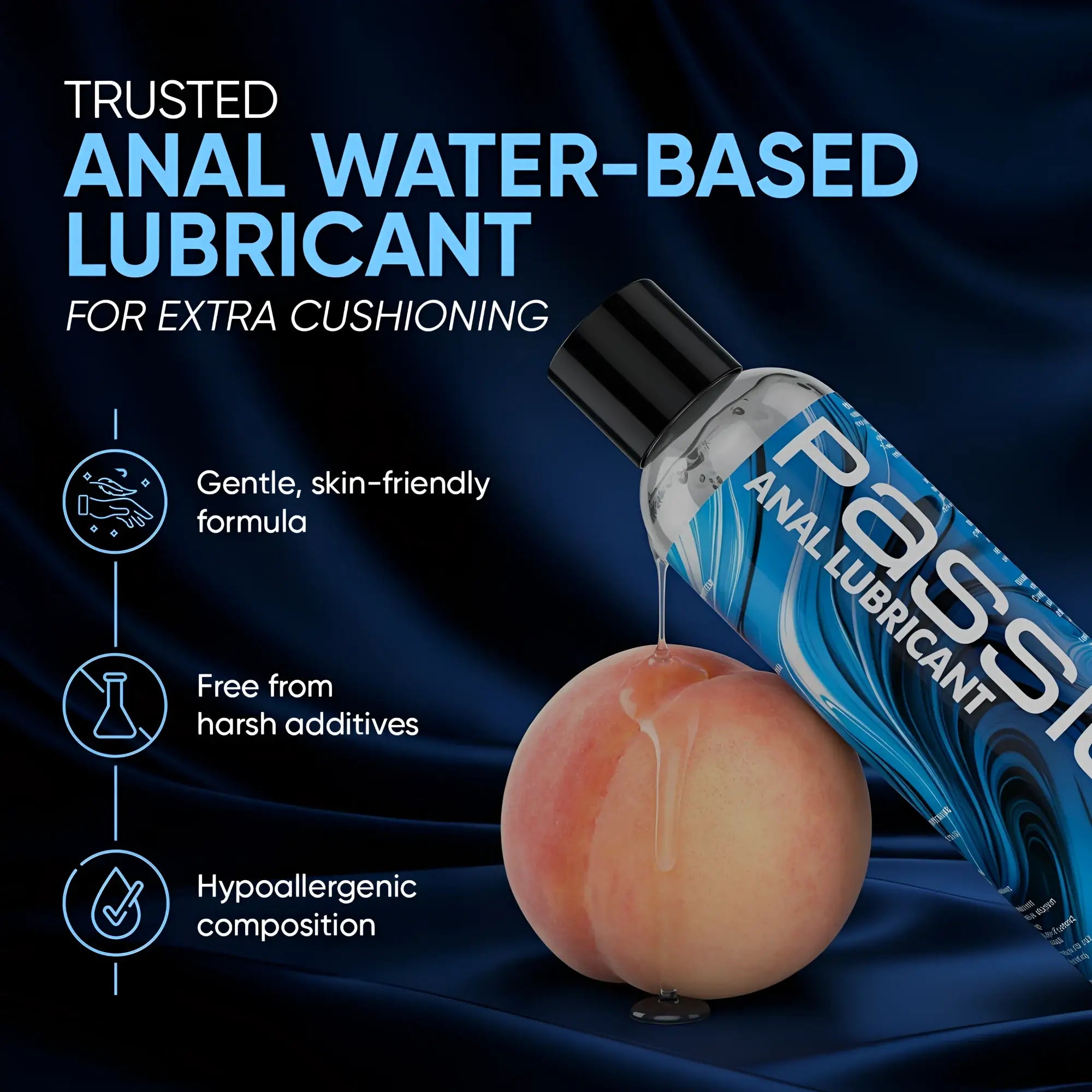 Passion Anal Lubricant bottle with blue marble label, pouring onto a fresh peach against a dark blue satin background.