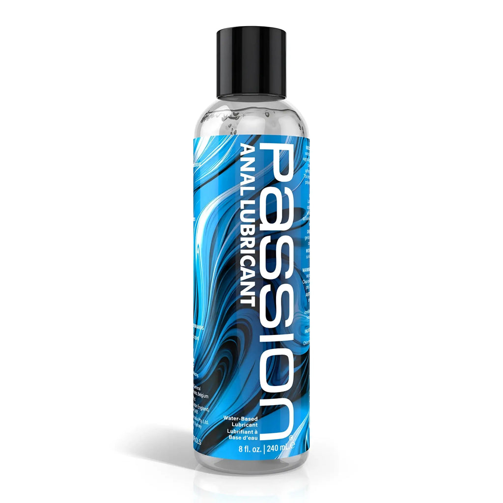 8oz bottle of Passion Anal Lubricant featuring a blue and black marbled design on a clear bottle with a black cap.