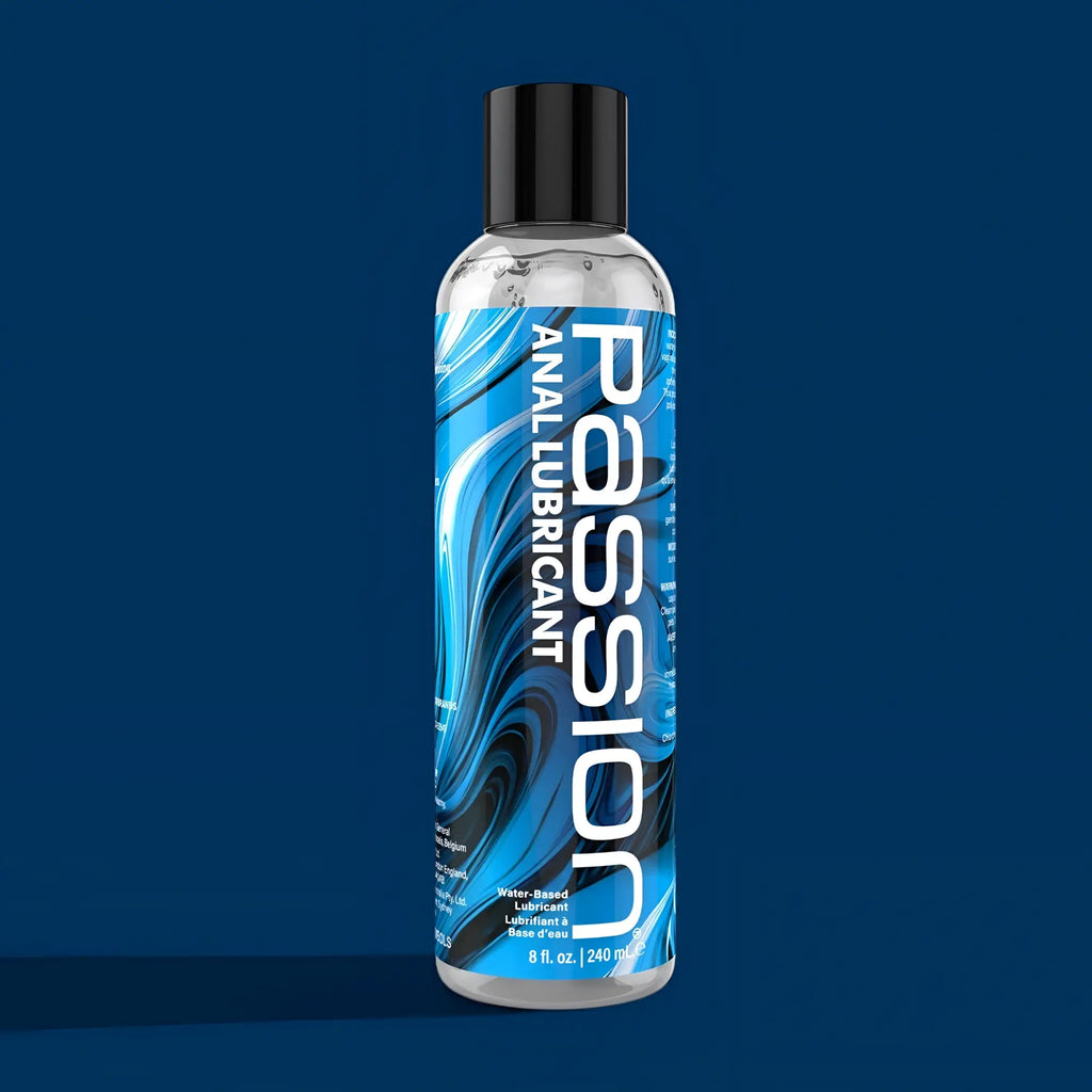 8oz bottle of Passion Anal Lubricant with a blue and black marbled design and a black cap on a navy background.