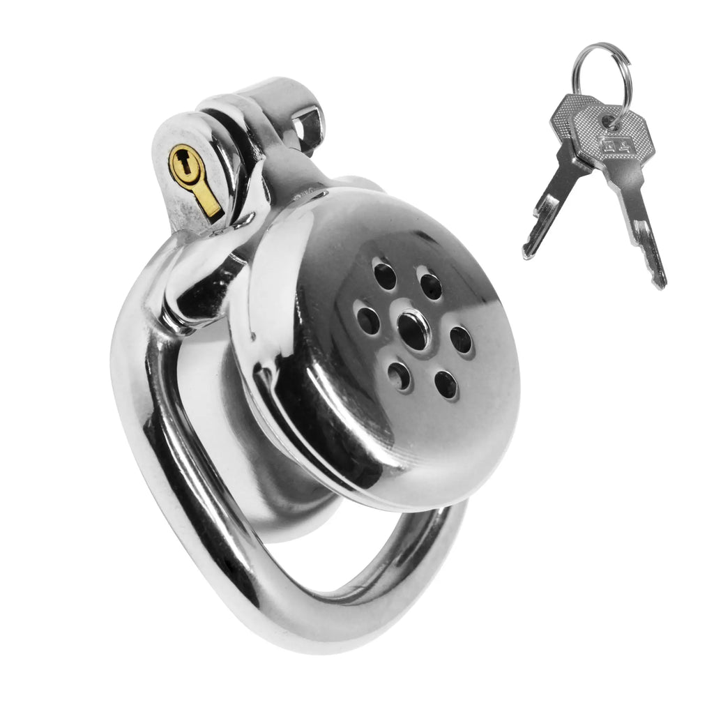 Passion Inverted Chastity Cage in shiny chrome, featuring a perforated cap, hinged lock with key, and two keys.