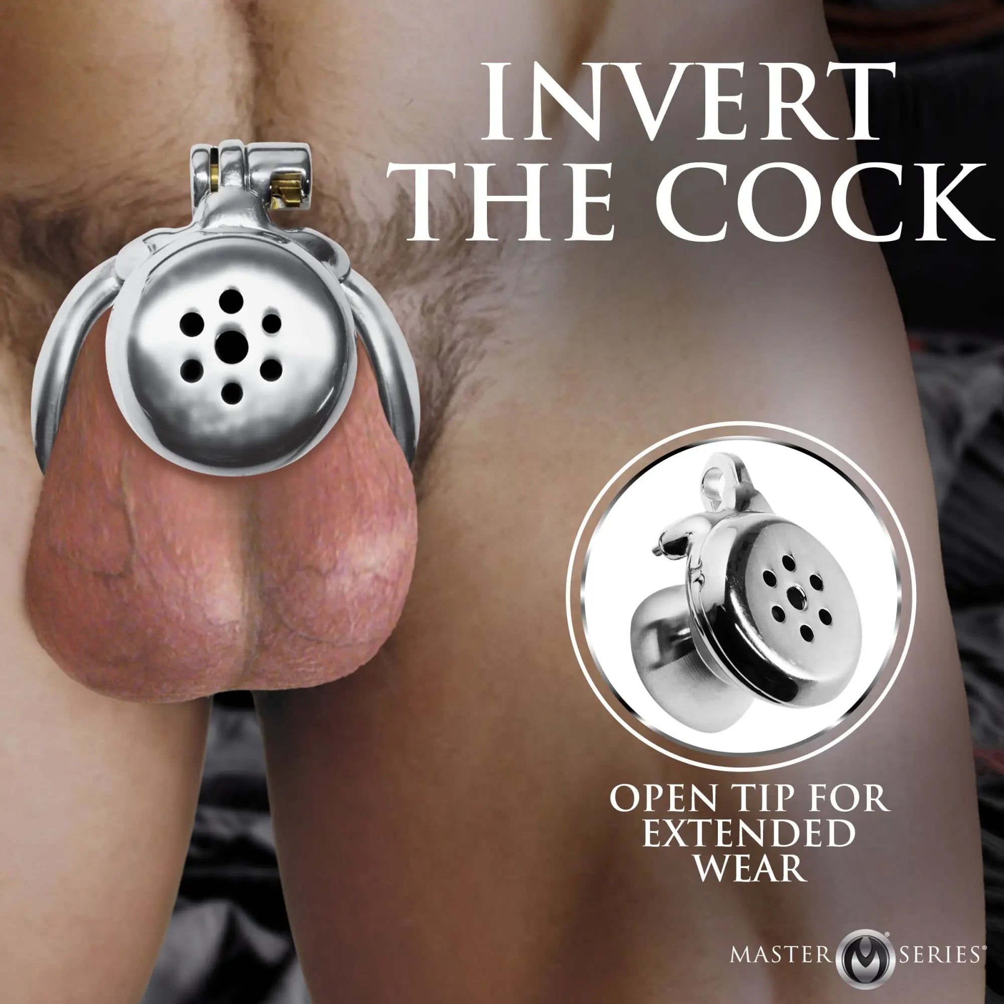 Passion Inverted Chastity Cage: Chrome-finish, perforated dome design shown in use and as a standalone product detail.