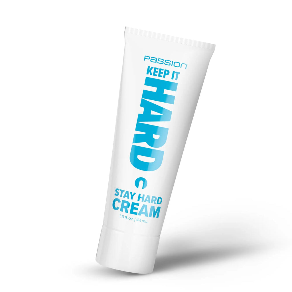 Passion Keep it Hard Stay Hard Cream in a white squeeze tube with blue text, 1.5 fl. oz. size.