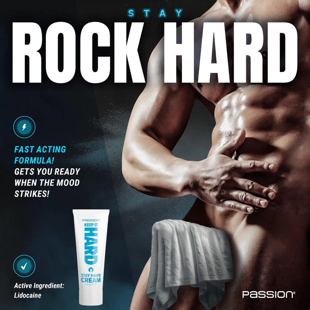 Passion Keep it Hard Stay Hard Cream in a white tube with blue text, displayed against a fit male torso background.
