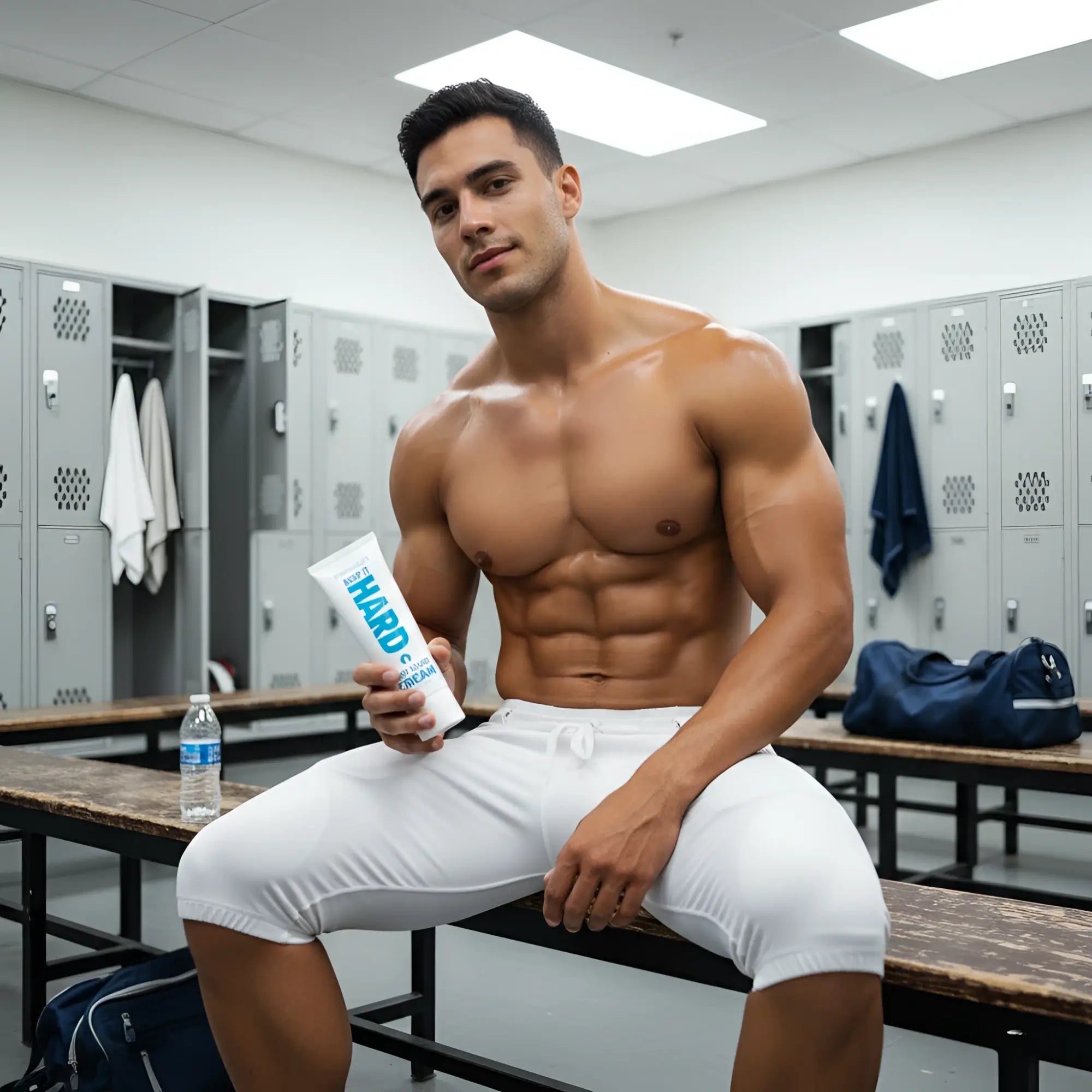 A muscular man sits on a locker room bench holding a white tube of Passion Keep It Hard Stay Hard Cream.
