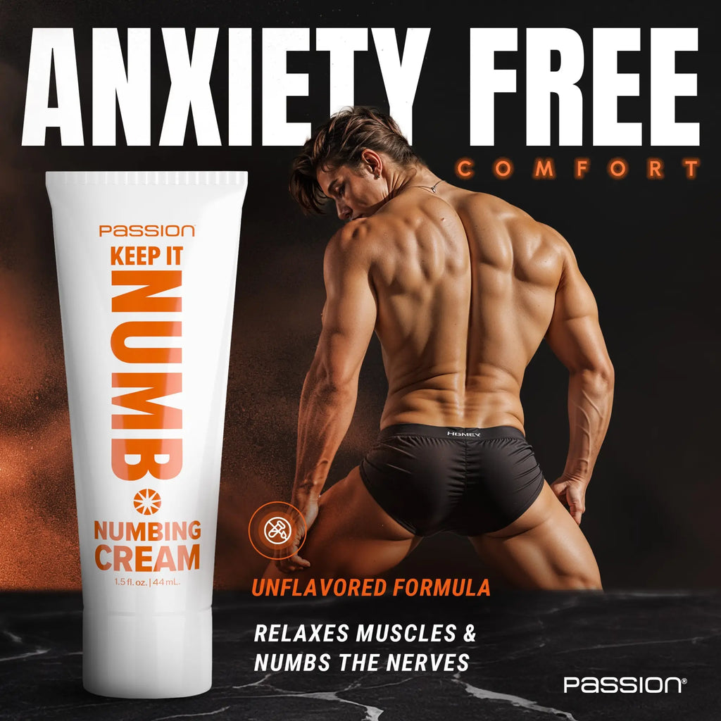 Passion Keep It Numb cream tube next to a fit man in black underwear on a dark background. Text reads "Anxiety Free."