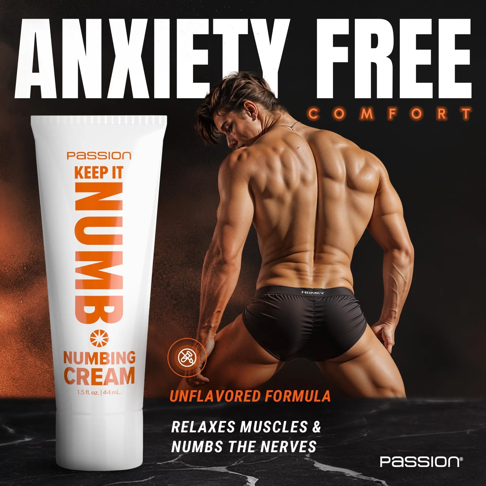 Passion Keep It Numb cream tube next to a fit man in black underwear on a dark background. Text reads "Anxiety Free."