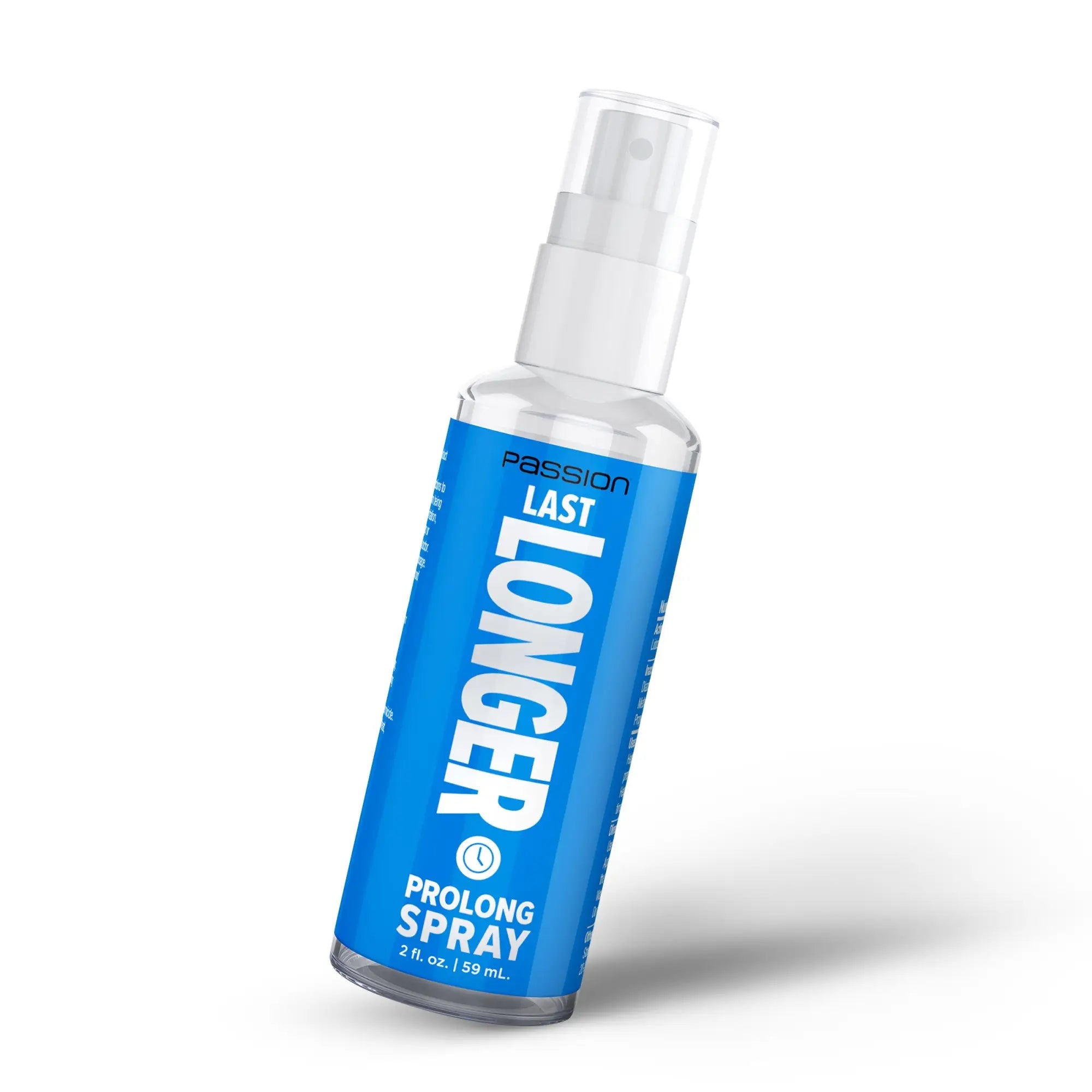 Passion Last Longer Prolong Spray in a clear 59ml bottle with a blue label and white text, angled against white.