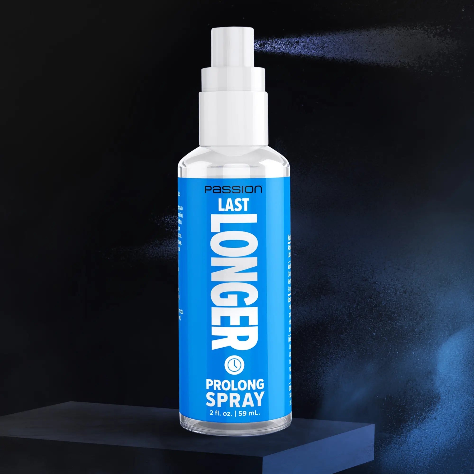 Passion Last Longer Prolong Spray bottle with blue label, white cap, and fine mist against a dark background.