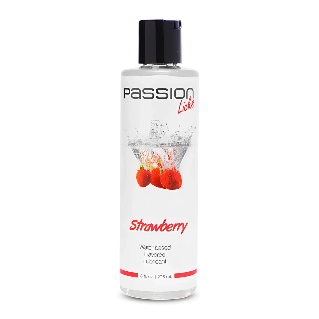 Passion Licks Strawberry 8oz water-based lubricant bottle with black cap and splash graphic on a white background.