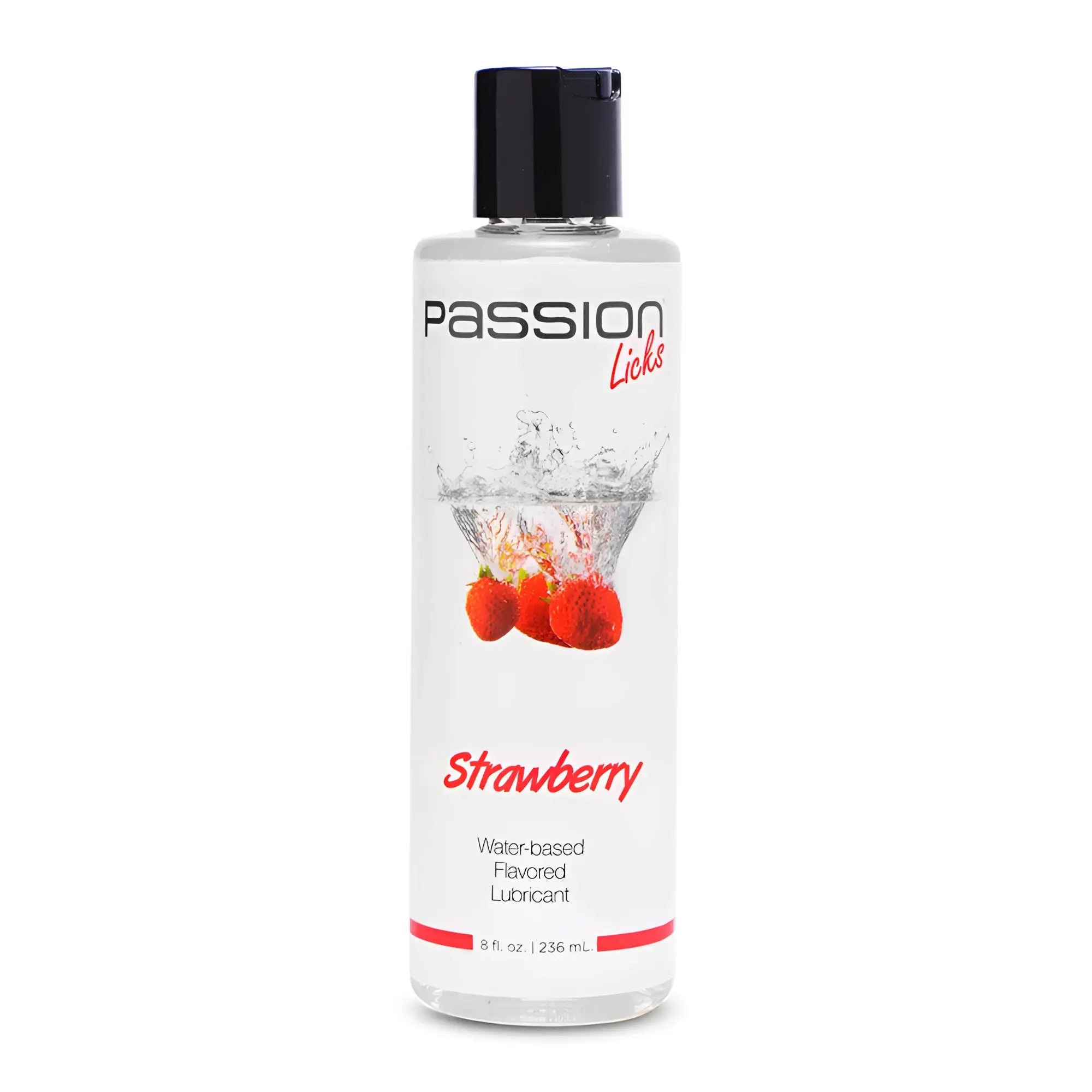 Passion Licks Strawberry 8oz water-based lubricant bottle with black cap and splash graphic on a white background.
