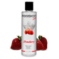 8 oz bottle of Passion Licks Strawberry water-based flavored lubricant with a black cap and fresh strawberry graphics.