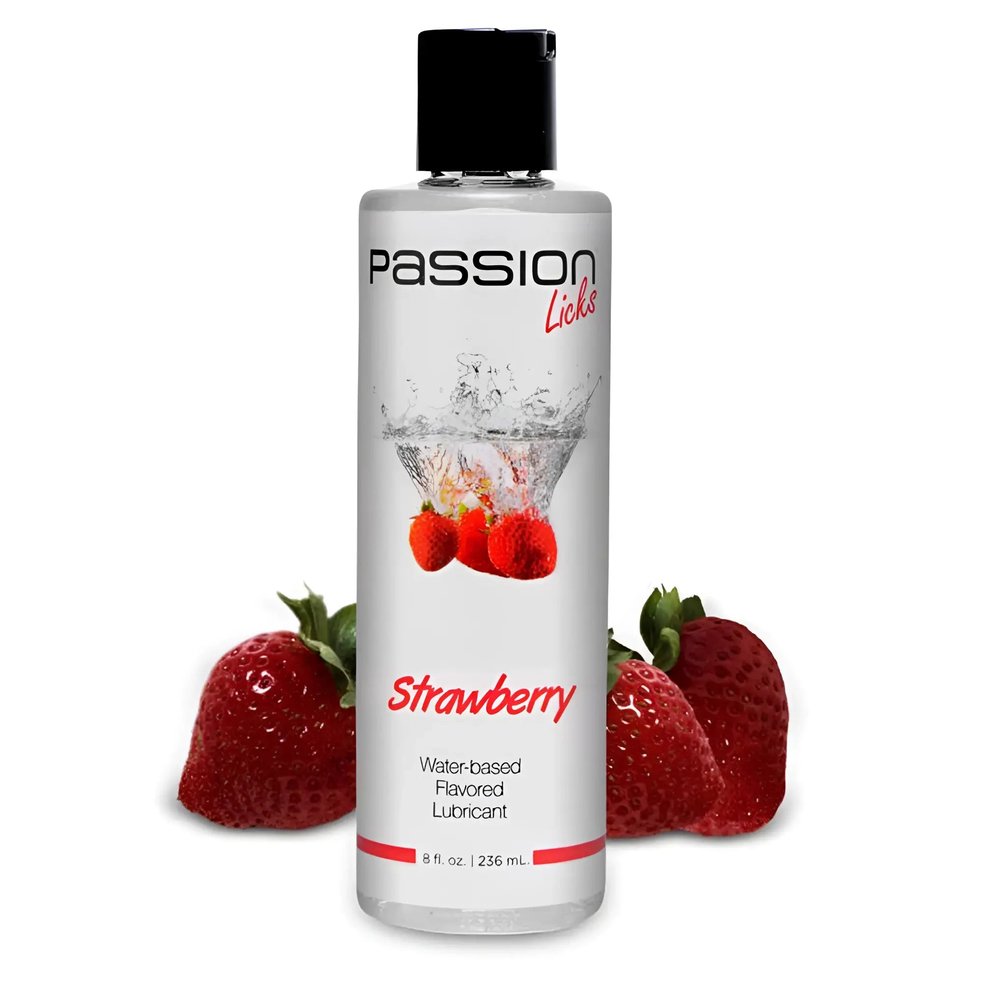 8 oz bottle of Passion Licks Strawberry water-based flavored lubricant with a black cap and fresh strawberry graphics.