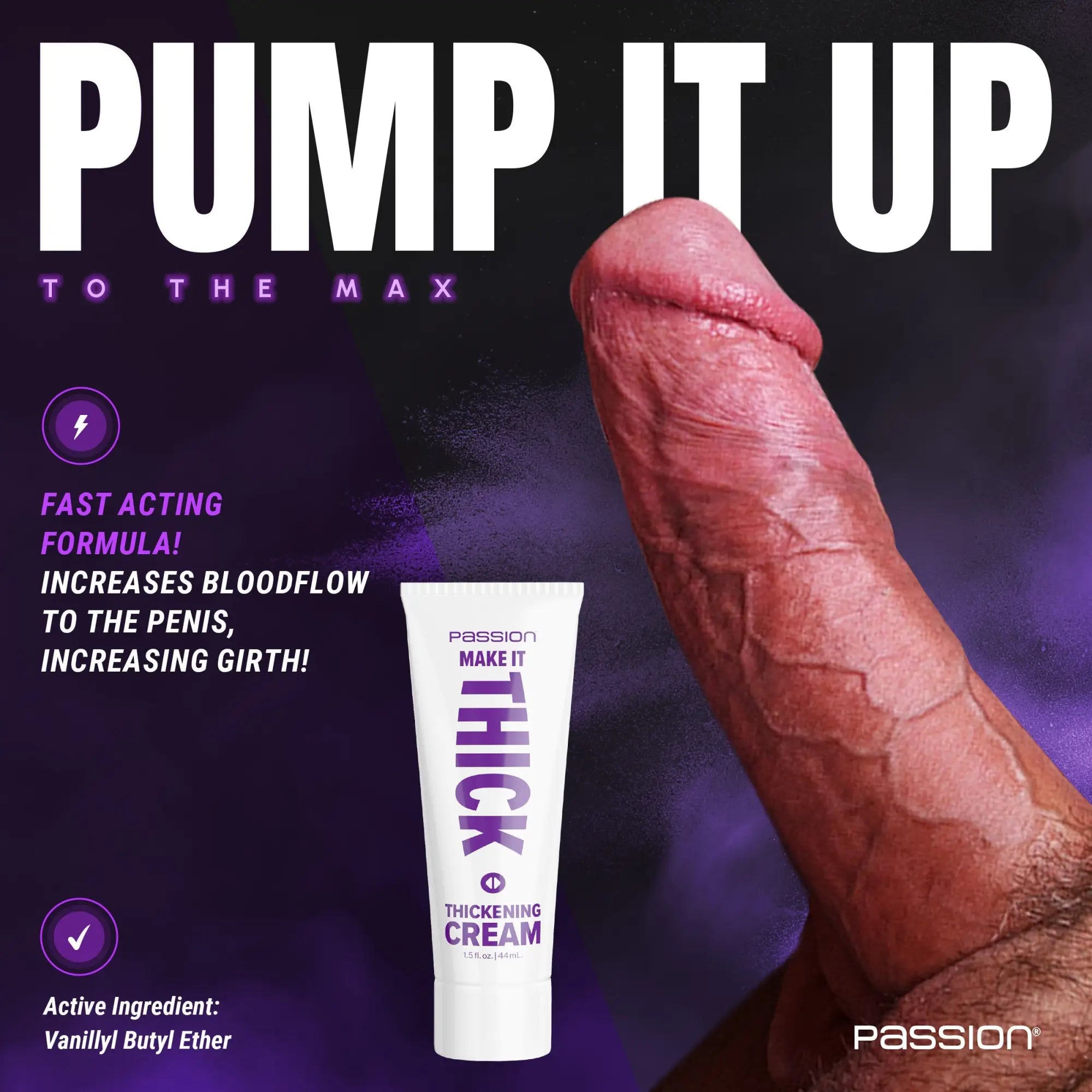 Passion Make it Thick Thickening Cream tube in white with purple text, shown against a purple background with a penis.