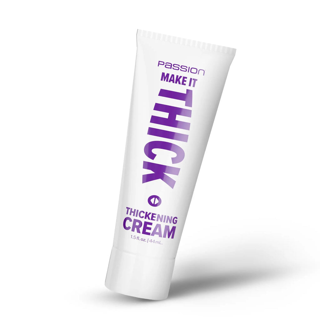 Passion Make It Thick thickening cream in a white squeeze tube with purple text against a clean, white background.