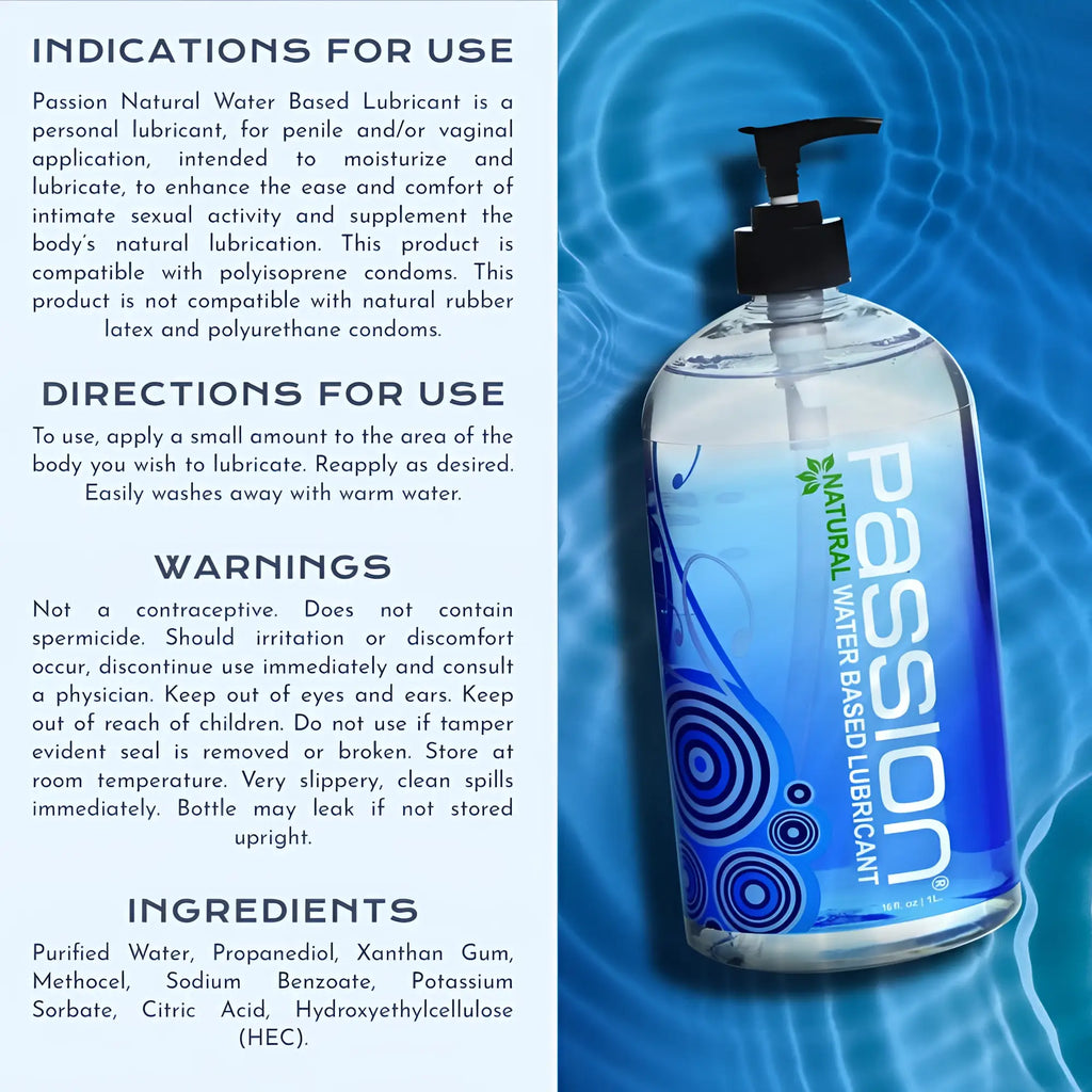 Passion Natural Water-Based Lube 16oz pump bottle with blue graphic label on a rippling water background.
