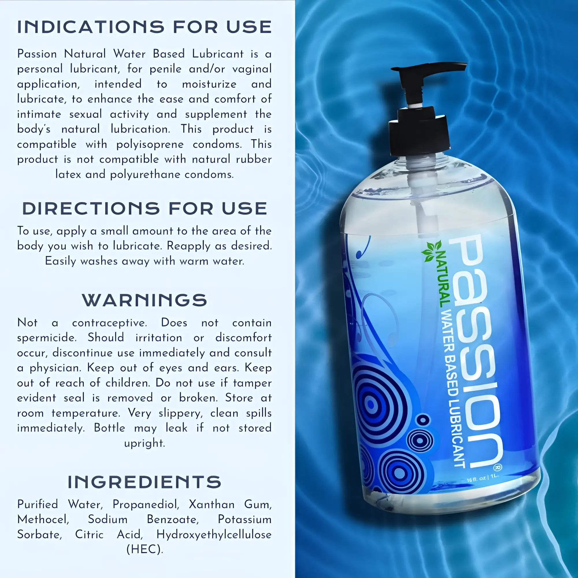 Passion Natural Water-Based Lube 16oz pump bottle with blue graphic label on a rippling water background.