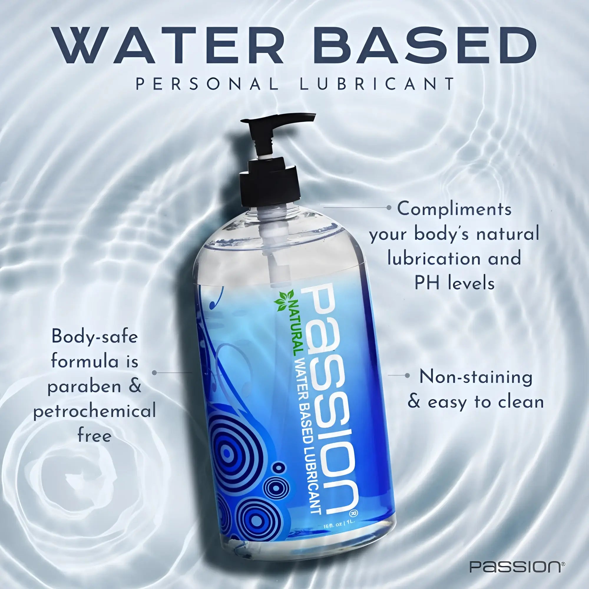 Passion Natural Water-Based Lube 16oz pump bottle with blue swirl branding, set against a rippling water background.
