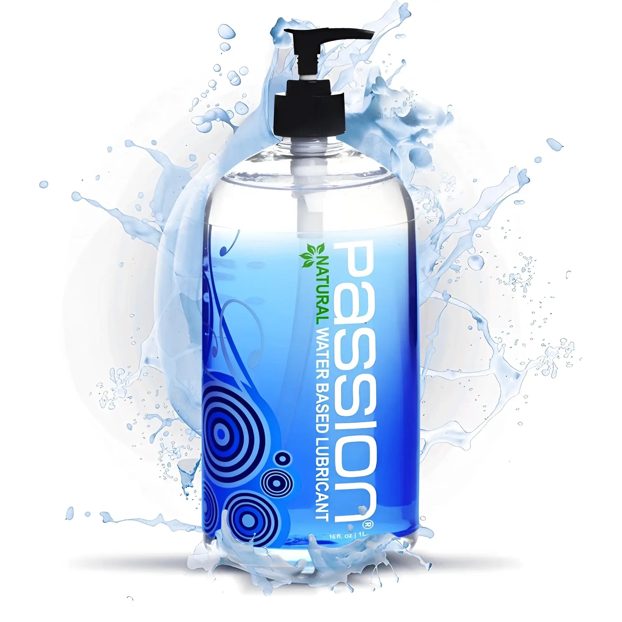 16oz pump bottle of Passion Natural Water-Based Lube against a blue abstract water splash background.