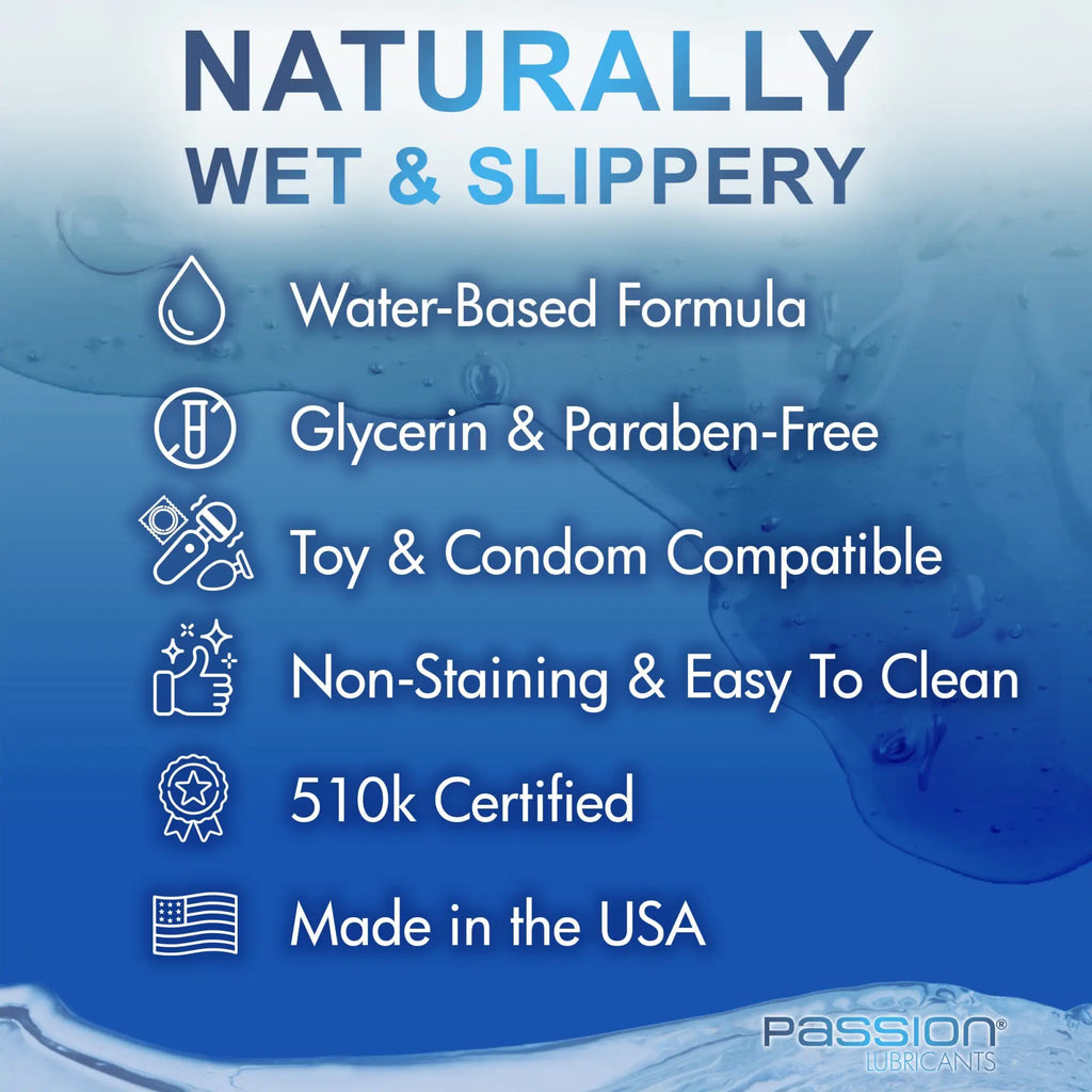 Passion Natural Water-Based Lube info card featuring blue water background and a list of key product benefits with icons.