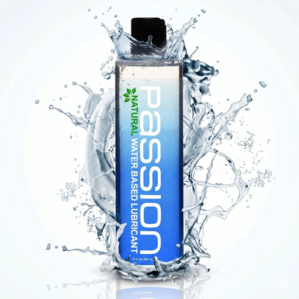 Passion Natural Water-Based Lube bottle in a clear, blue-gradient design, surrounded by a dynamic water splash effect.