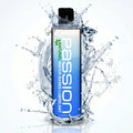 Passion Natural Water-Based Lube bottle in a clear, blue-gradient design, surrounded by a dynamic water splash effect.