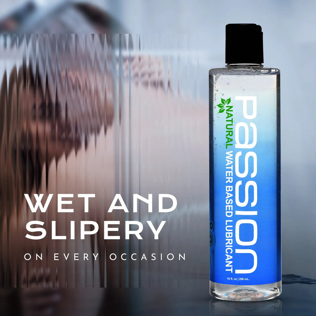 Passion Natural Water-Based Lube bottle in a clear, blue-tinted design, set against a blurry, watery background.