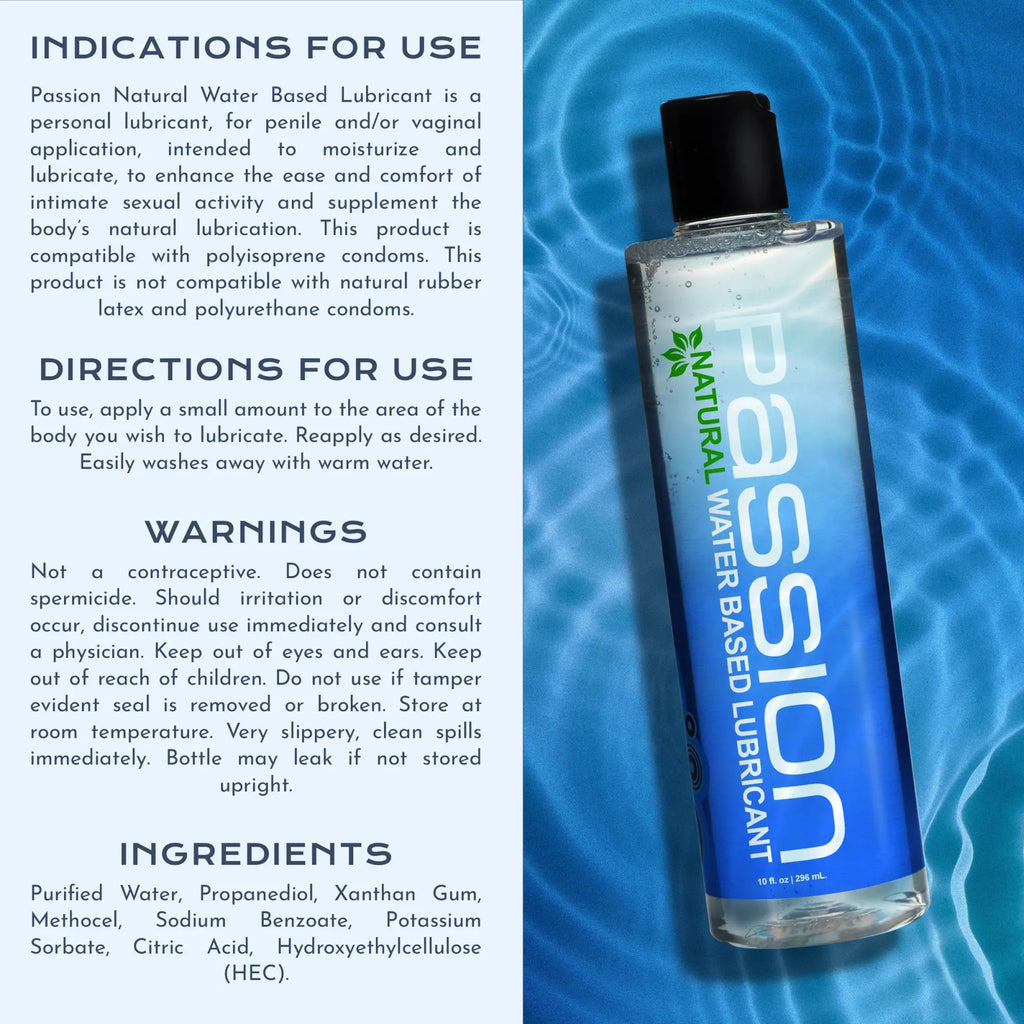 Passion Natural Water-Based Lube bottle in blue gradient packaging, displayed against a rippling blue water background.