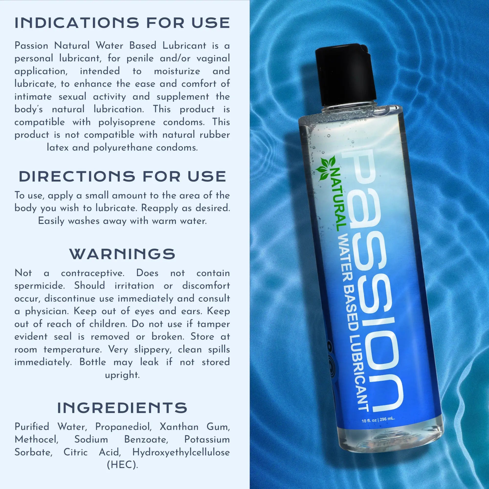 Passion Natural Water-Based Lube bottle in blue gradient packaging, displayed against a rippling blue water background.