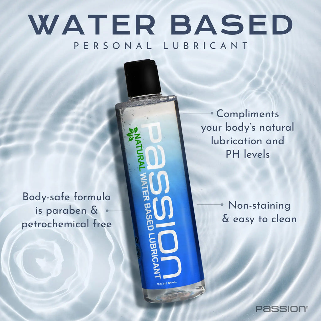 A bottle of Passion Natural Water-Based Lube, featuring a blue gradient label, centered on a water-rippled background.