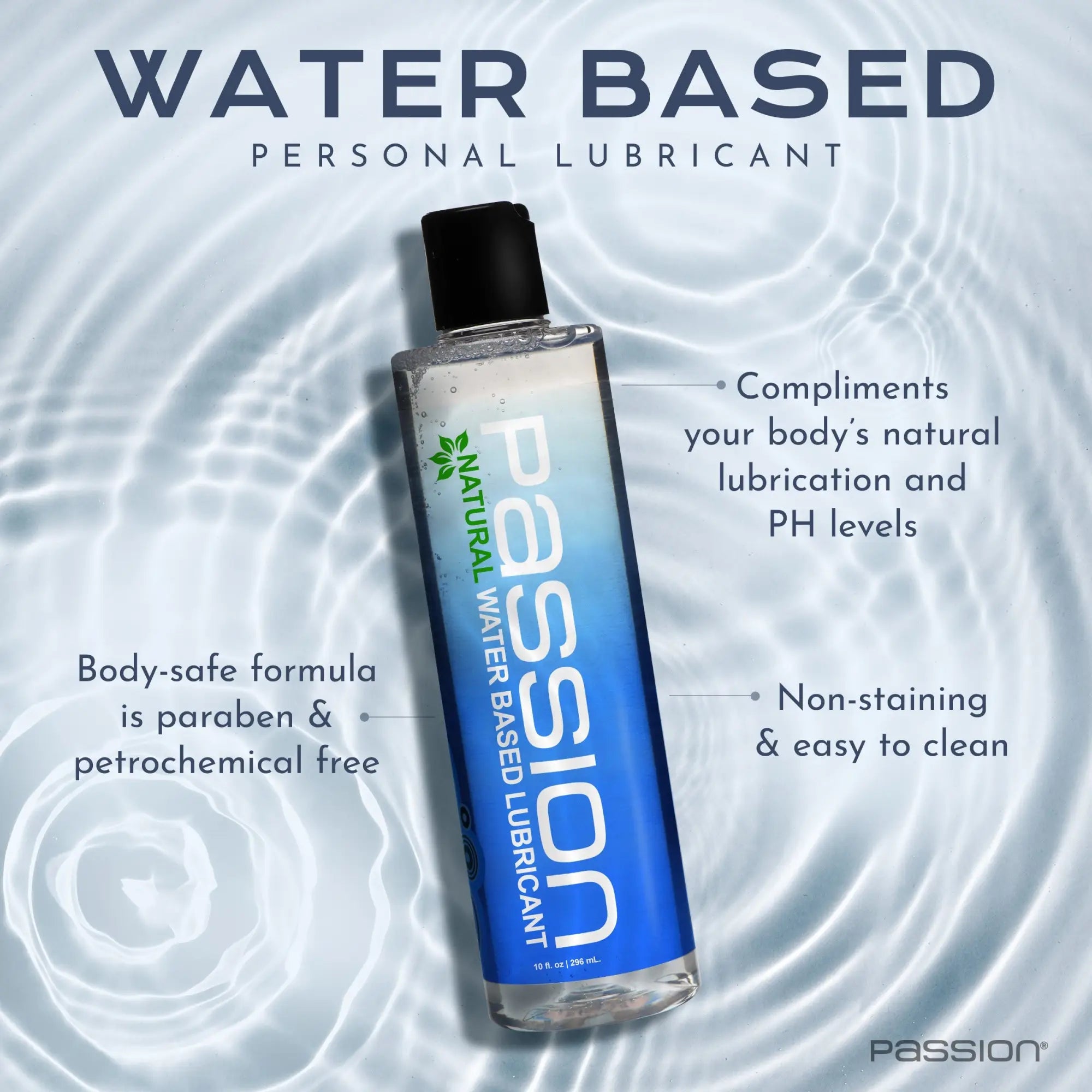 A bottle of Passion Natural Water-Based Lube, featuring a blue gradient label, centered on a water-rippled background.