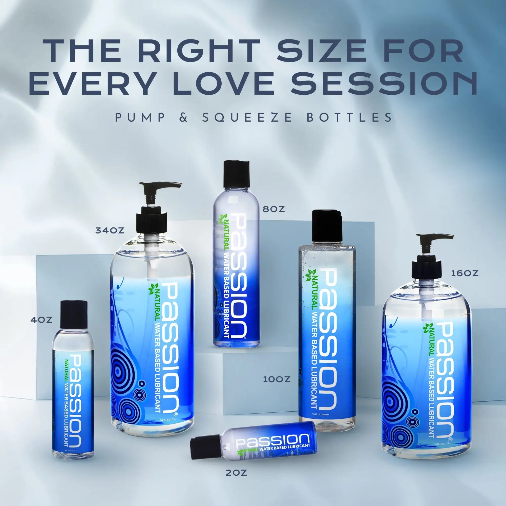 Passion Natural Water-Based Lube bottles in various sizes, featuring clear packaging with blue circular graphic designs.